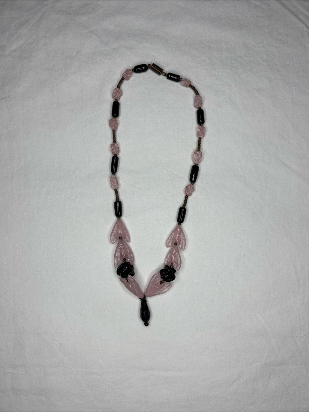 Vintage Pink and Black Art Glass Drop Necklace with Metal Closure